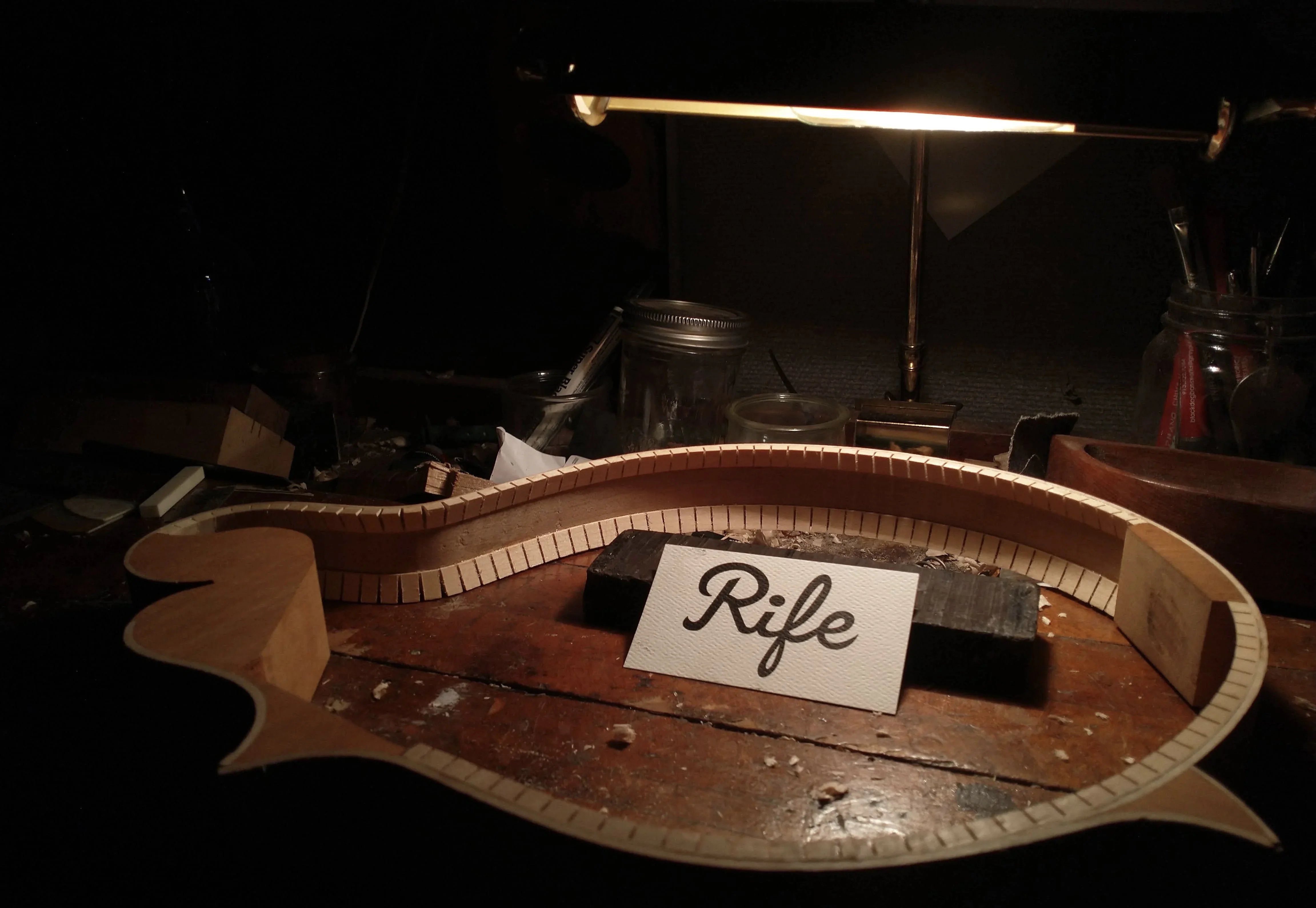 Rife mandolin in construction showing the logo placement